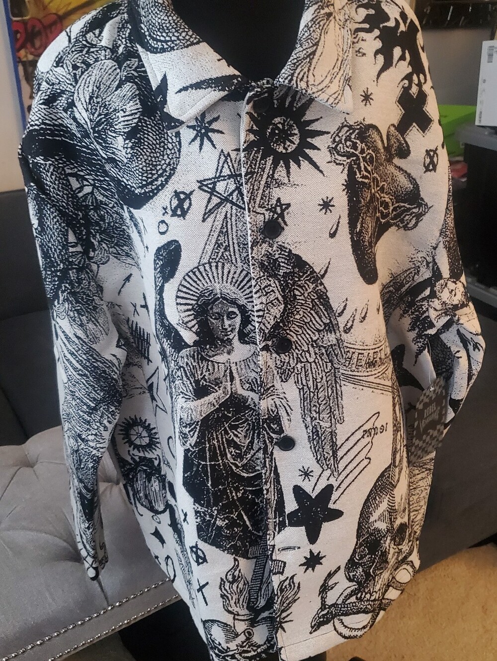 Rebel Vengeance Black & Off White Graphic  Angel Print Tapestry Shacket UNISEX